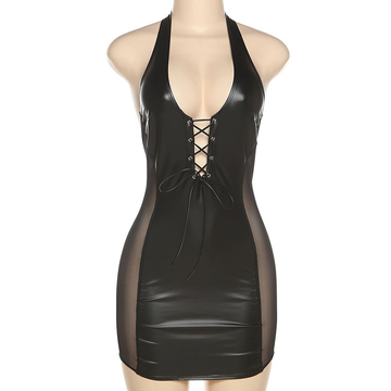 Sexy Black Mini Dress for Ladies / PU Leather Dress with Lace-Up Hollow Open Back - EVE's SECRETS